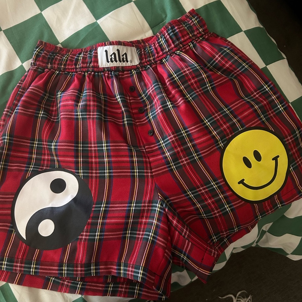 Dressed in LALA Red Plaid Shorts with Smiley and Yin Yang